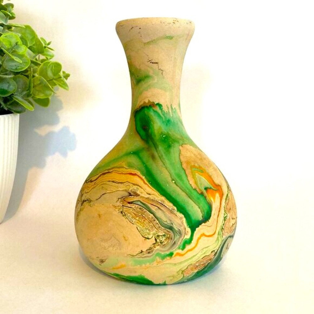 Nemadji Pottery Clay Vase Orange Green Brown Earth Tone Swirls